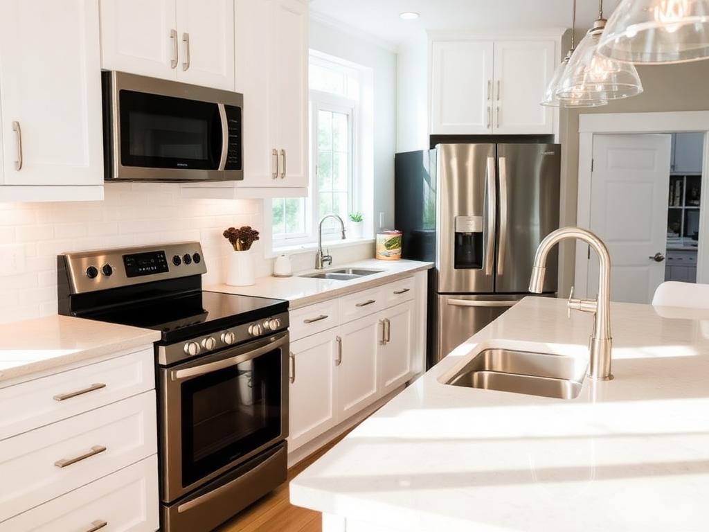 Sparkling clean kitchen countertops and appliances after a deep cleaning